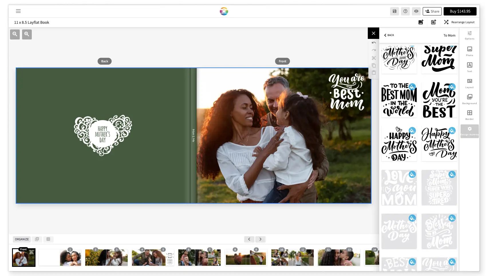 Design Accents are a collection of illustrations, text elements, and decorative flourishes that you can drag and drop into your photo books, calendars, and cards