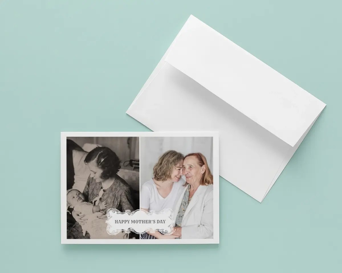 Take a trip down memory lane by including side-by-side photos – one from your childhood and a recent one with Mom