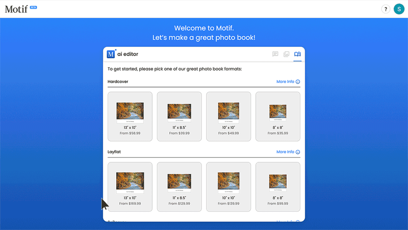 Motif makes it easy to create a fast, fun photo book.
