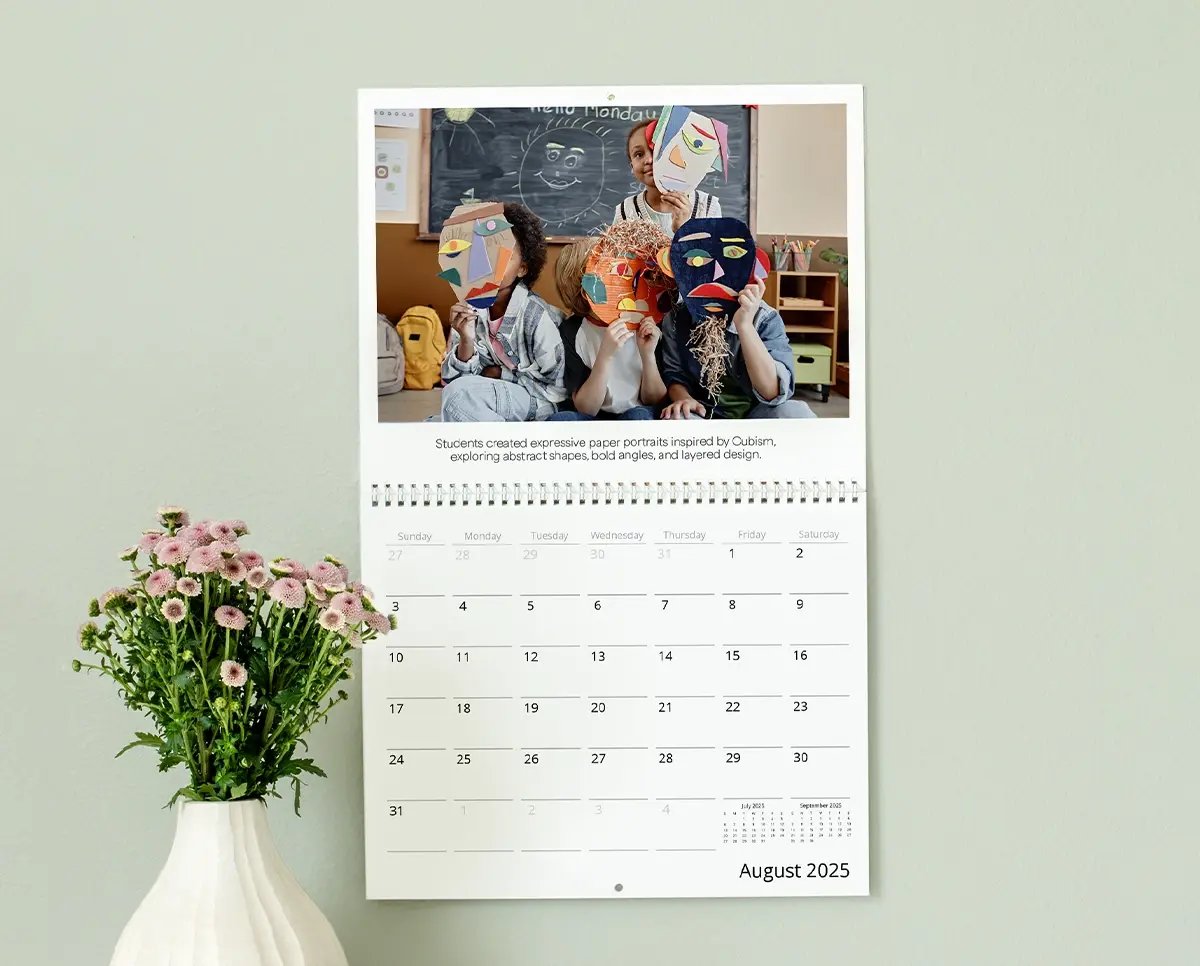 Share a calendar showcasing student art projects throughout the year — an easy and accessible keepsake for every parent