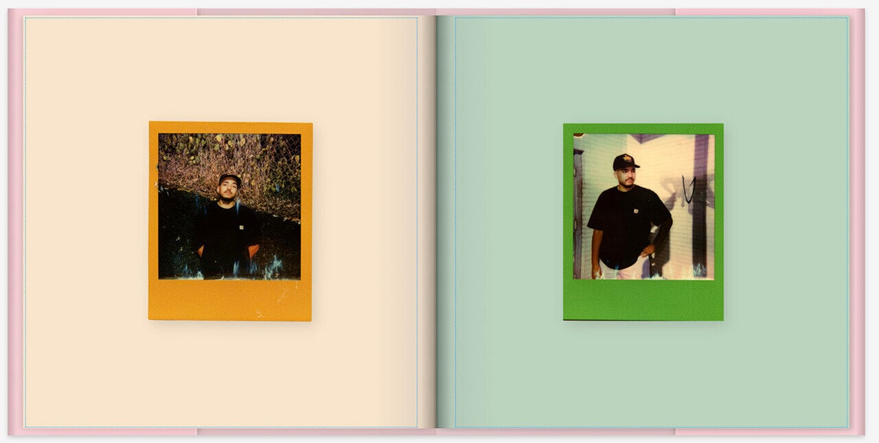 colorful polaroids on different color pages in a photobook