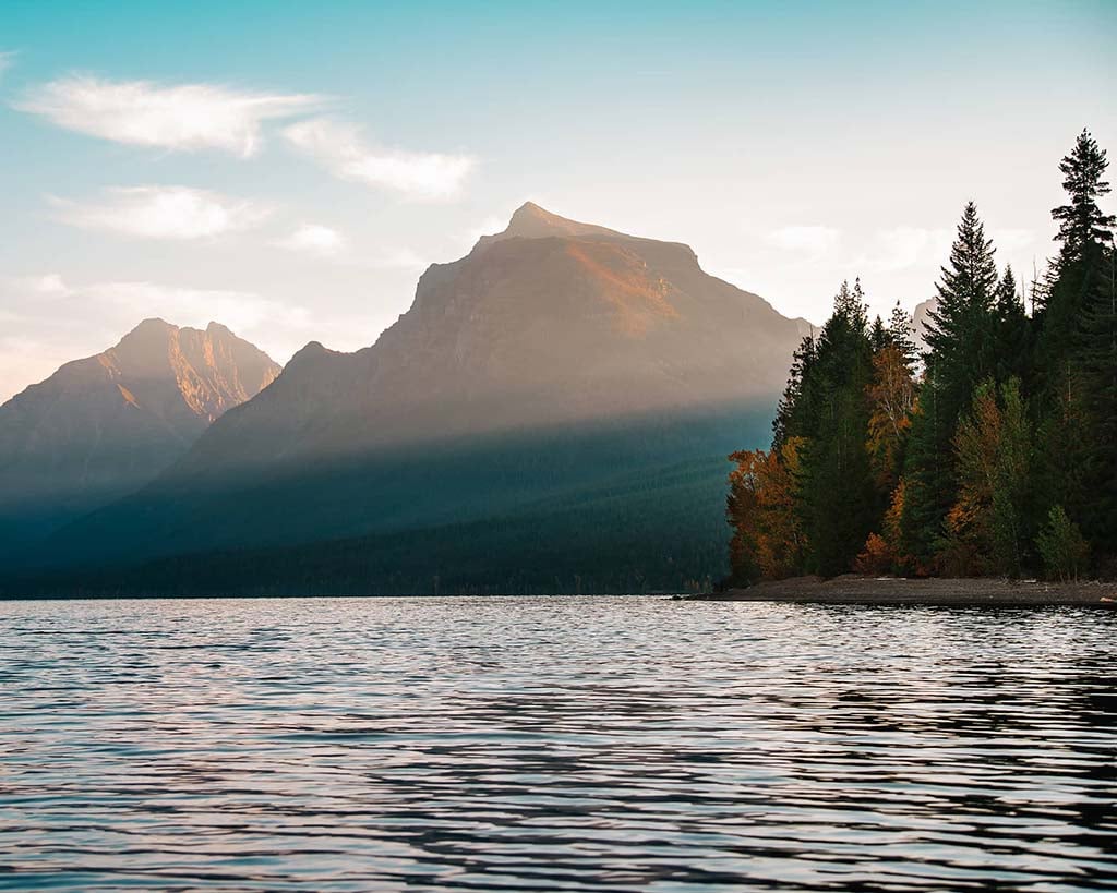 mountain and lake at sunset