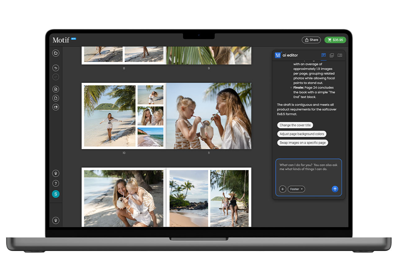 Create a photo book in minutes with Motif, our AI-enhanced photo book making experience.